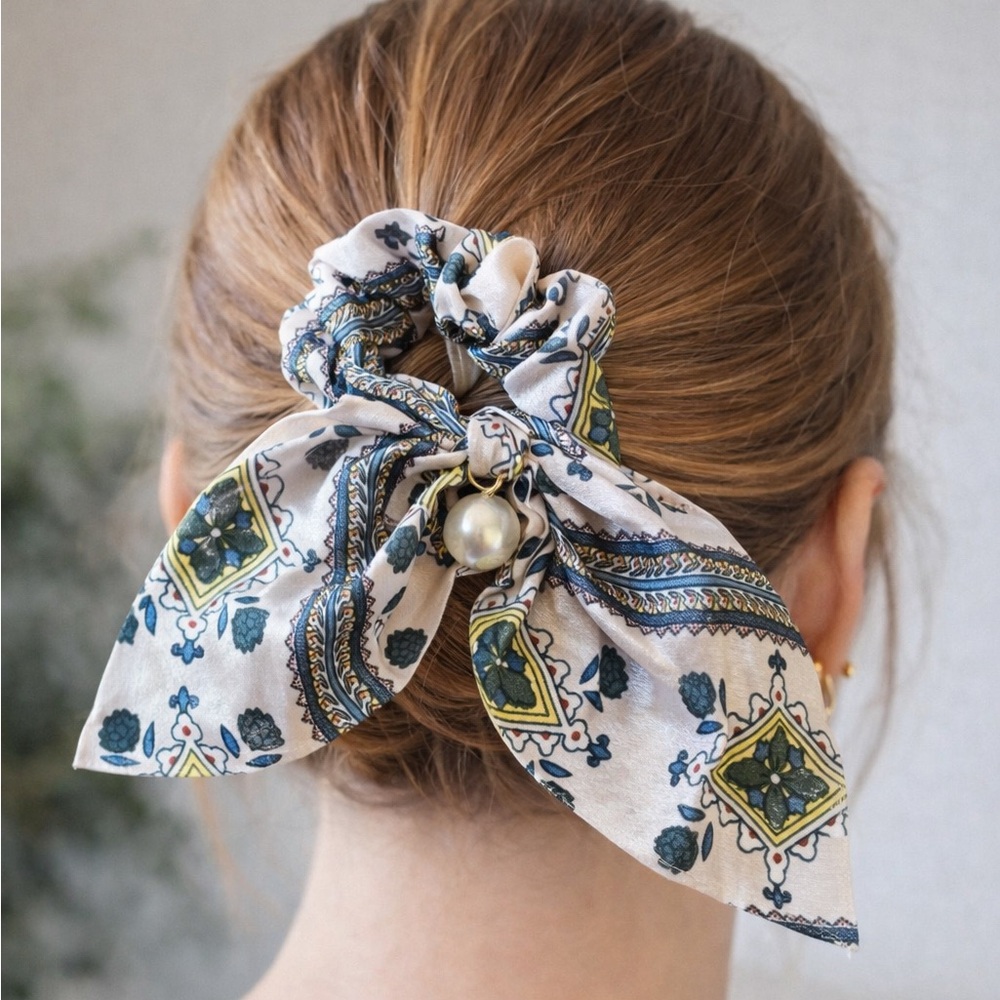 Handmade satin scrunchie with faux pearl